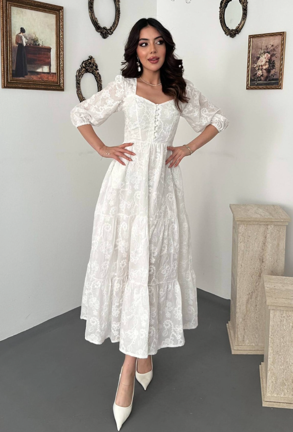 White Buttoned Embroidered Dress