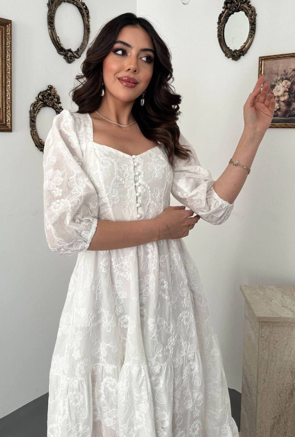 White Buttoned Embroidered Dress