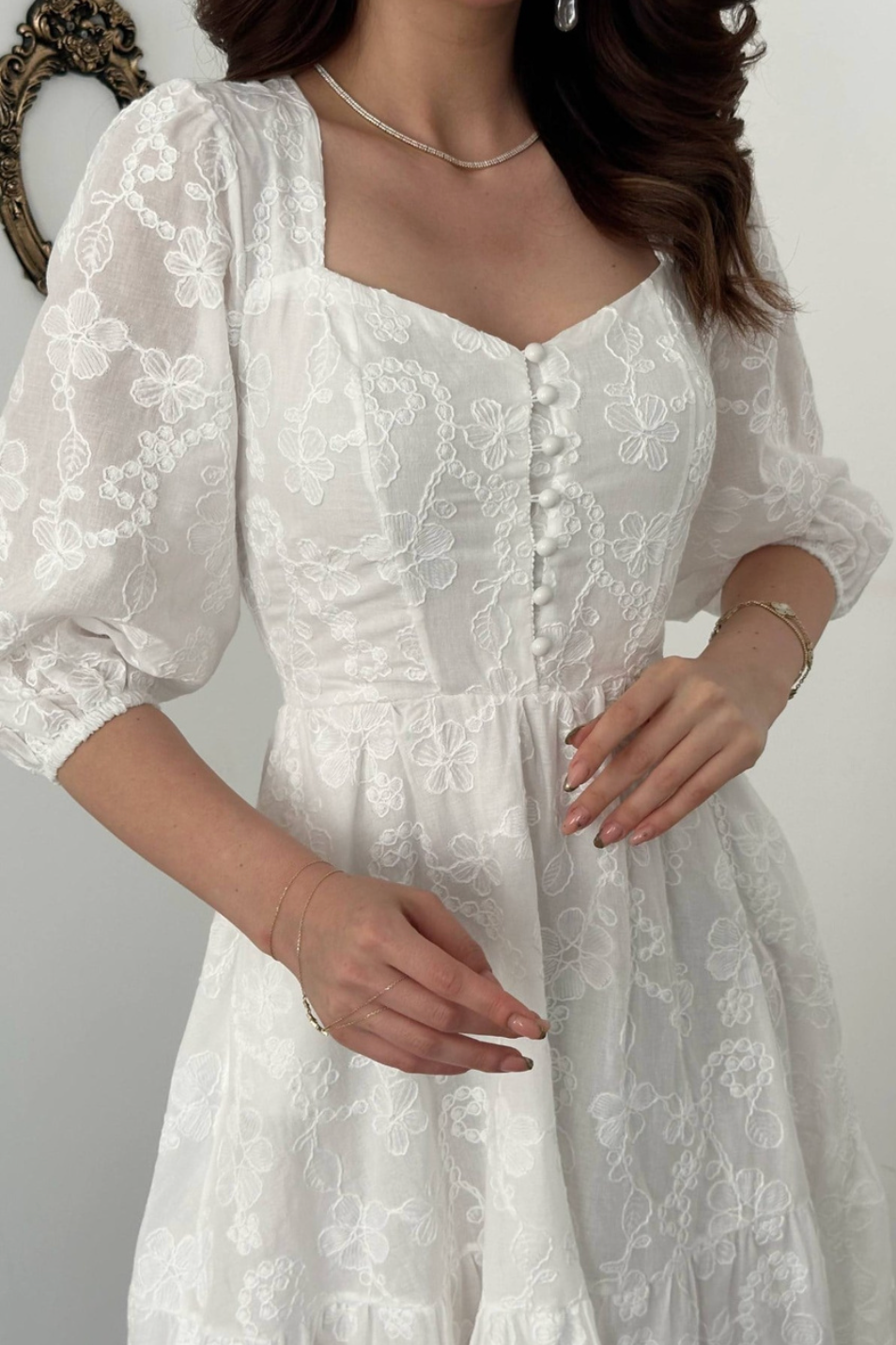White Buttoned Embroidered Dress