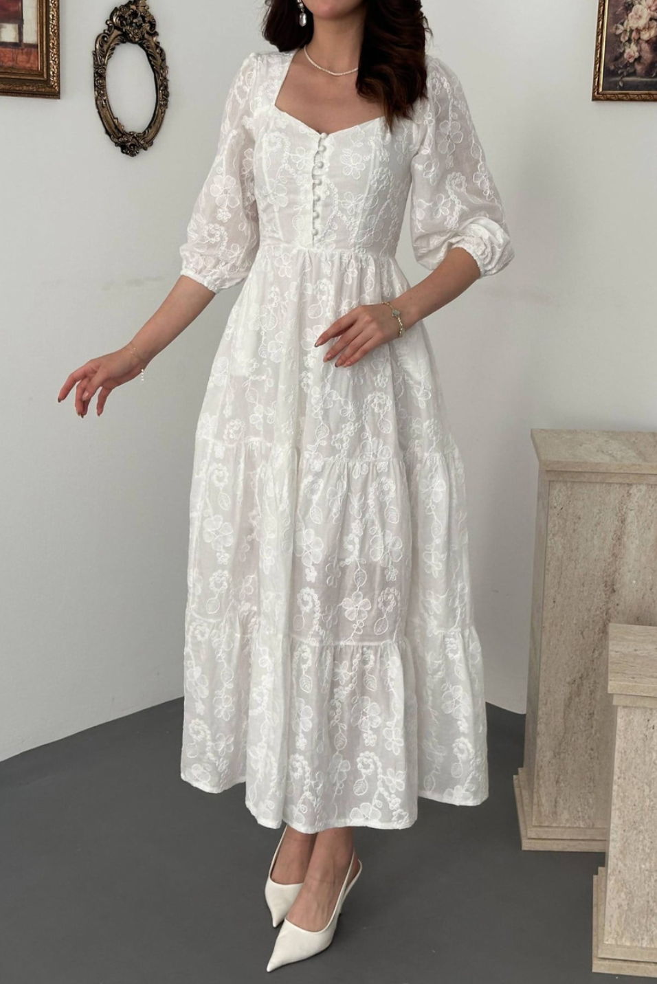 White Buttoned Embroidered Dress
