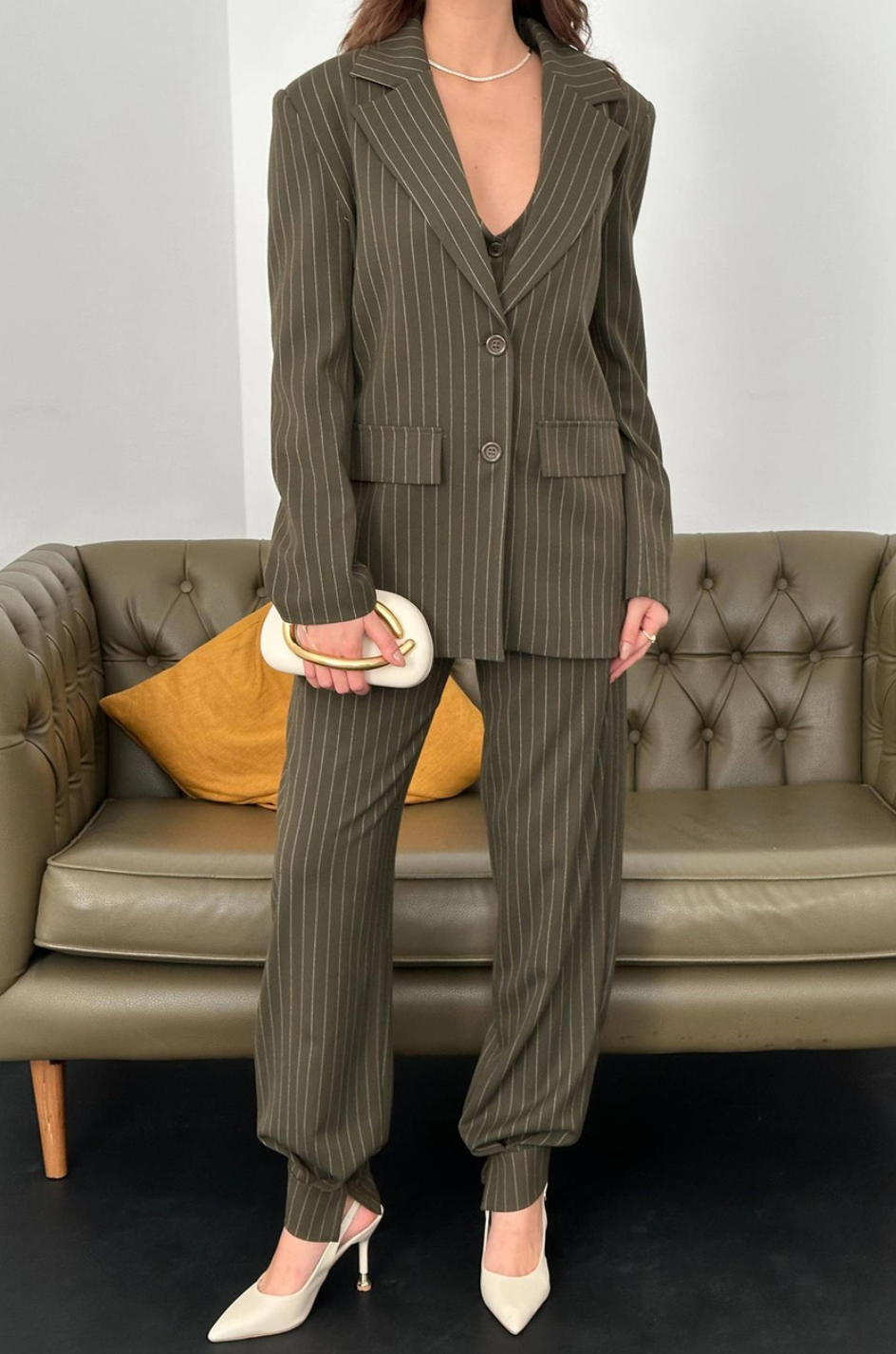 Khaki Striped Three-Piece Set