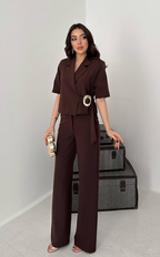 Brown Single Buckle Jacket And Trousers Set