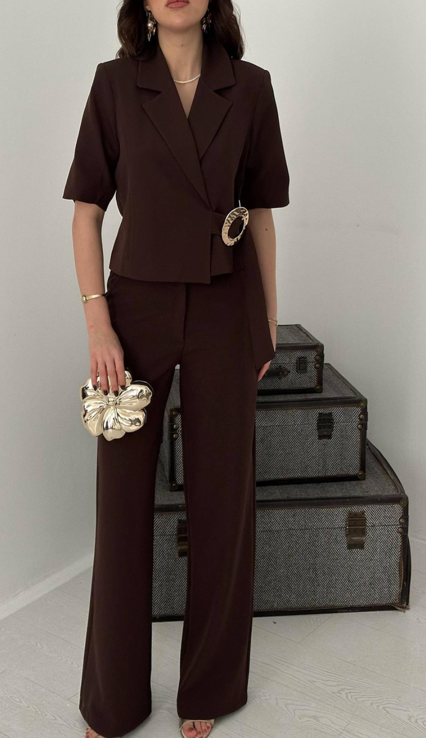 Brown Single Buckle Jacket And Trousers Set