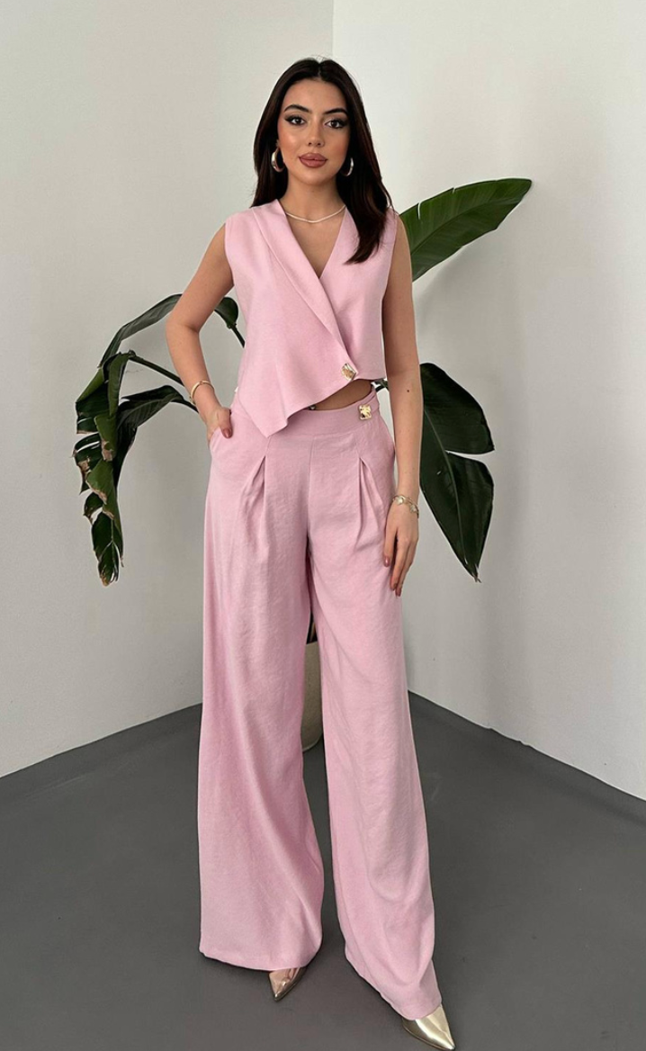 Pink Asymmetrical Vest And Pants Set