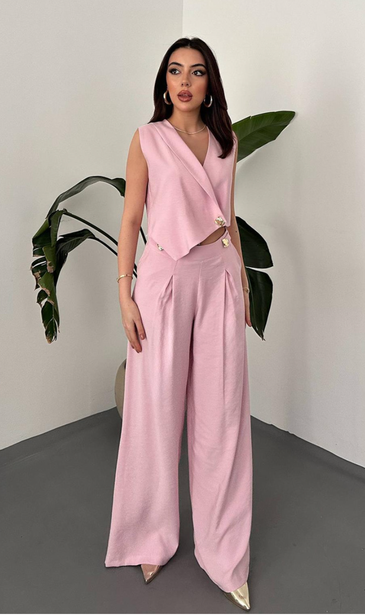 Pink Asymmetrical Vest And Pants Set