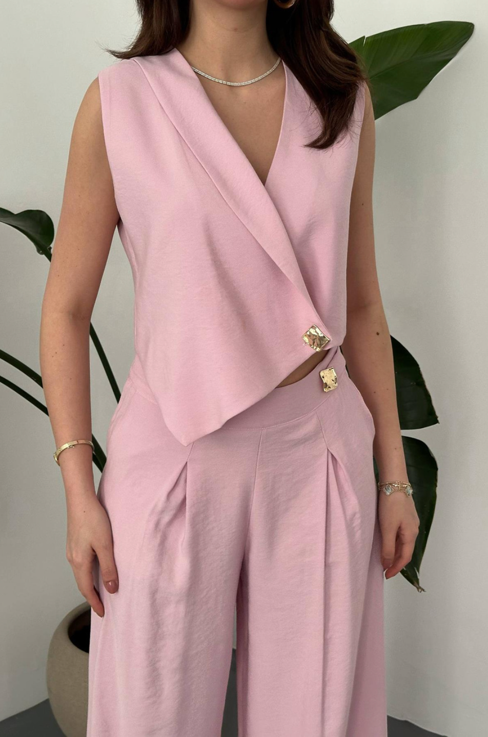 Pink Asymmetrical Vest And Pants Set