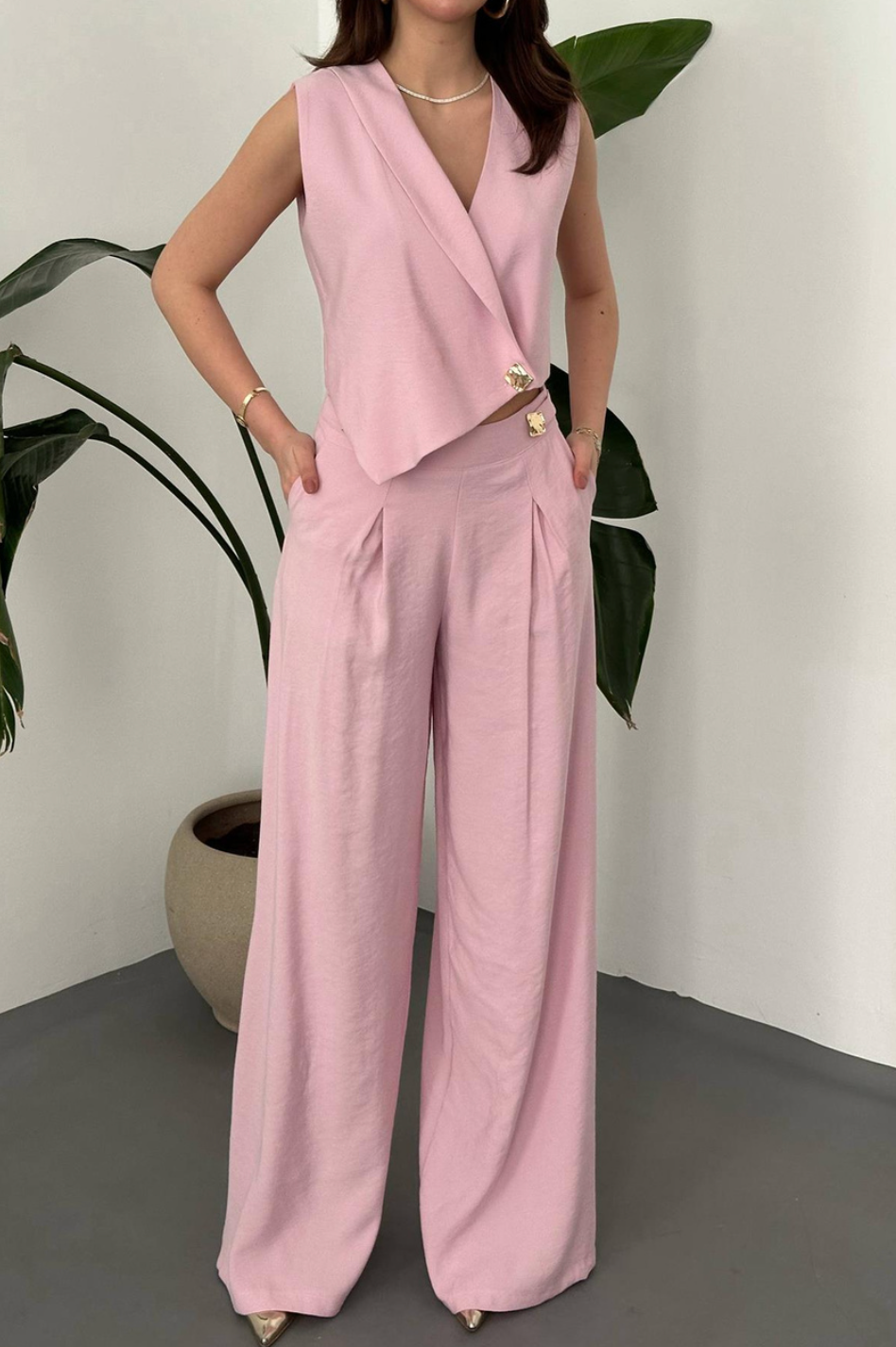 Pink Asymmetrical Vest And Pants Set