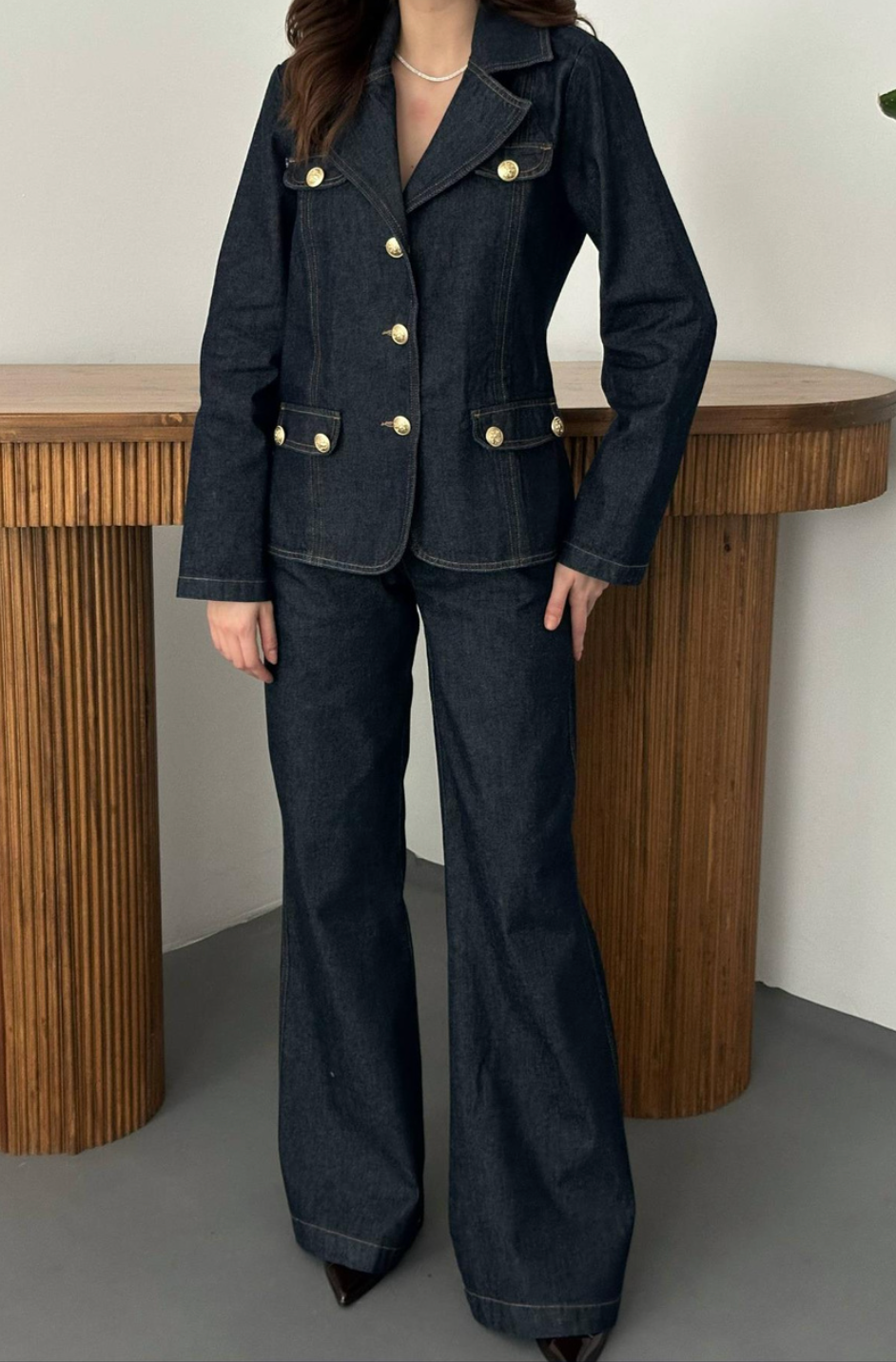 Blue Denim Suit with Gold Buttons