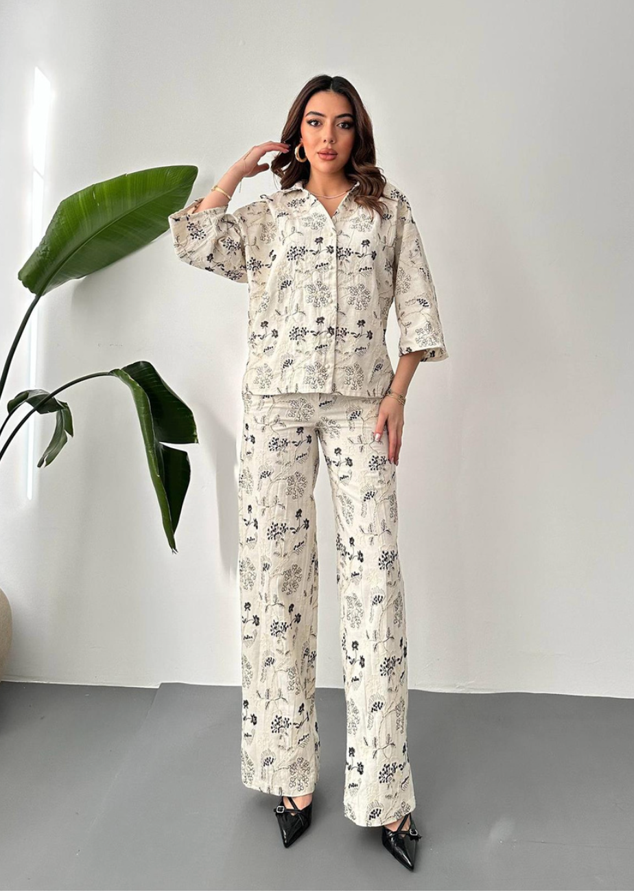 Beige Embroidered Linen Set