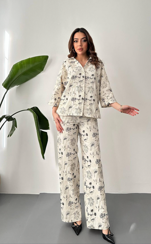 Beige Embroidered Linen Set