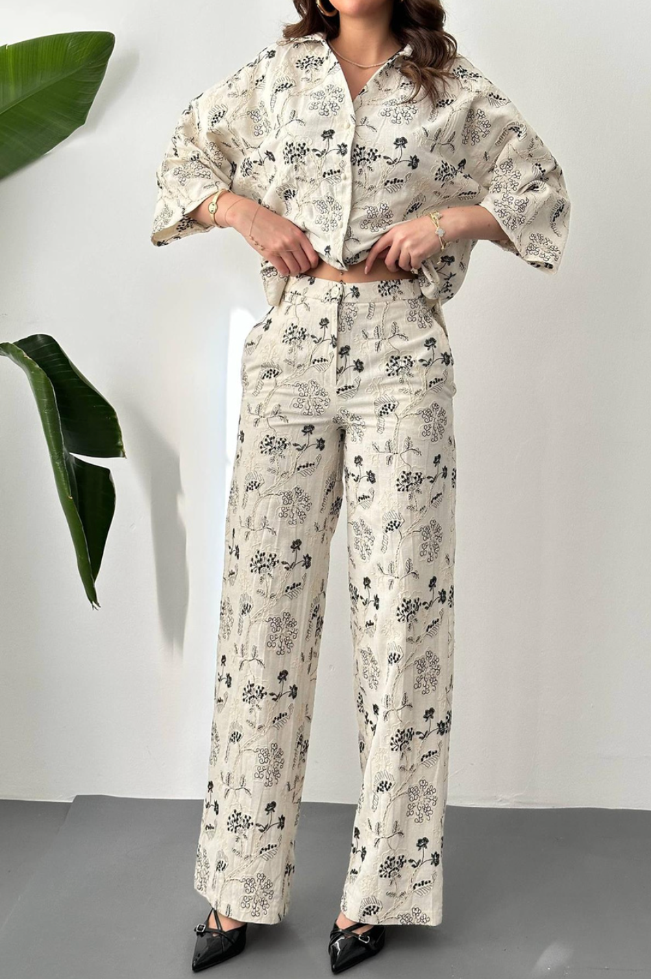 Beige Embroidered Linen Set