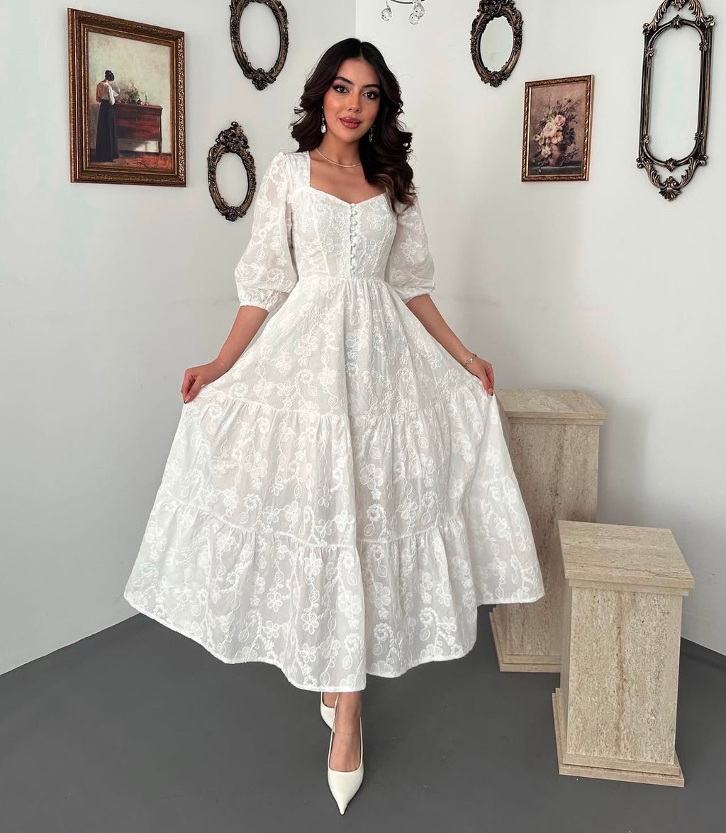 White Buttoned Embroidered Dress