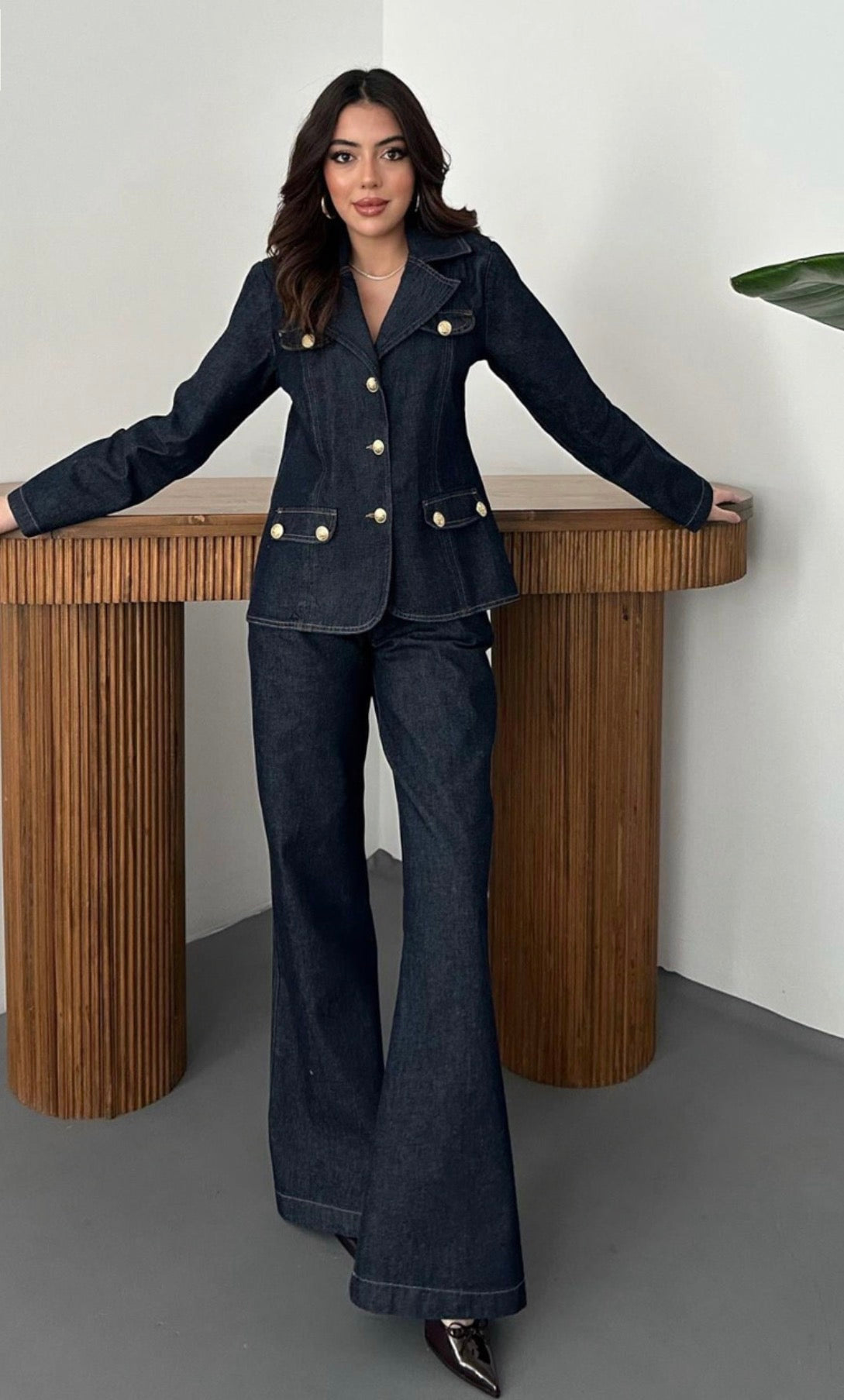 Blue Denim Suit with Gold Buttons